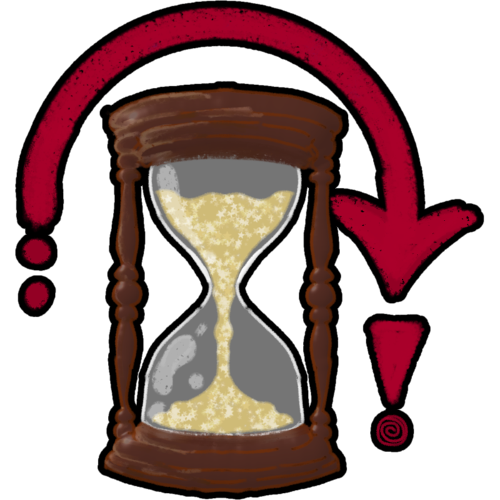 a wooden hourglass with gold sand, above it is a red arrow pointing down right to an exclamation mark.